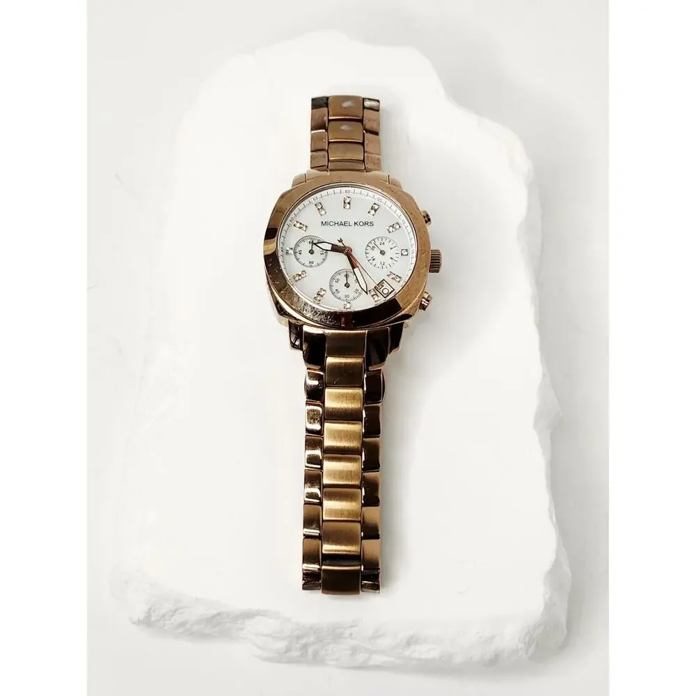 Michael Kors Rose Gold MOP Dial Crystal Chronograph Watch MK5336 New Battery